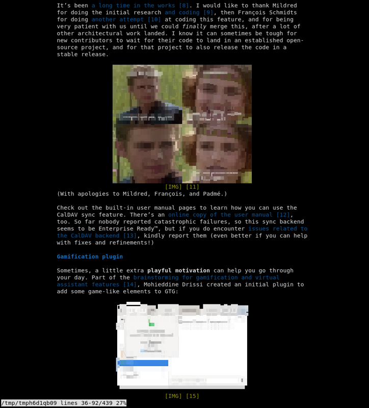 A webpage with pictures rendered in Offpunk. Notice how you can recognize that IMG 11 is a meme while IMG 15 is a screenshot.
