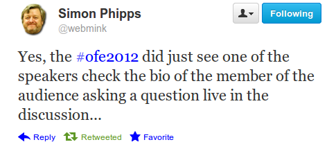 A tweet from Simon Phipps during OFE2012